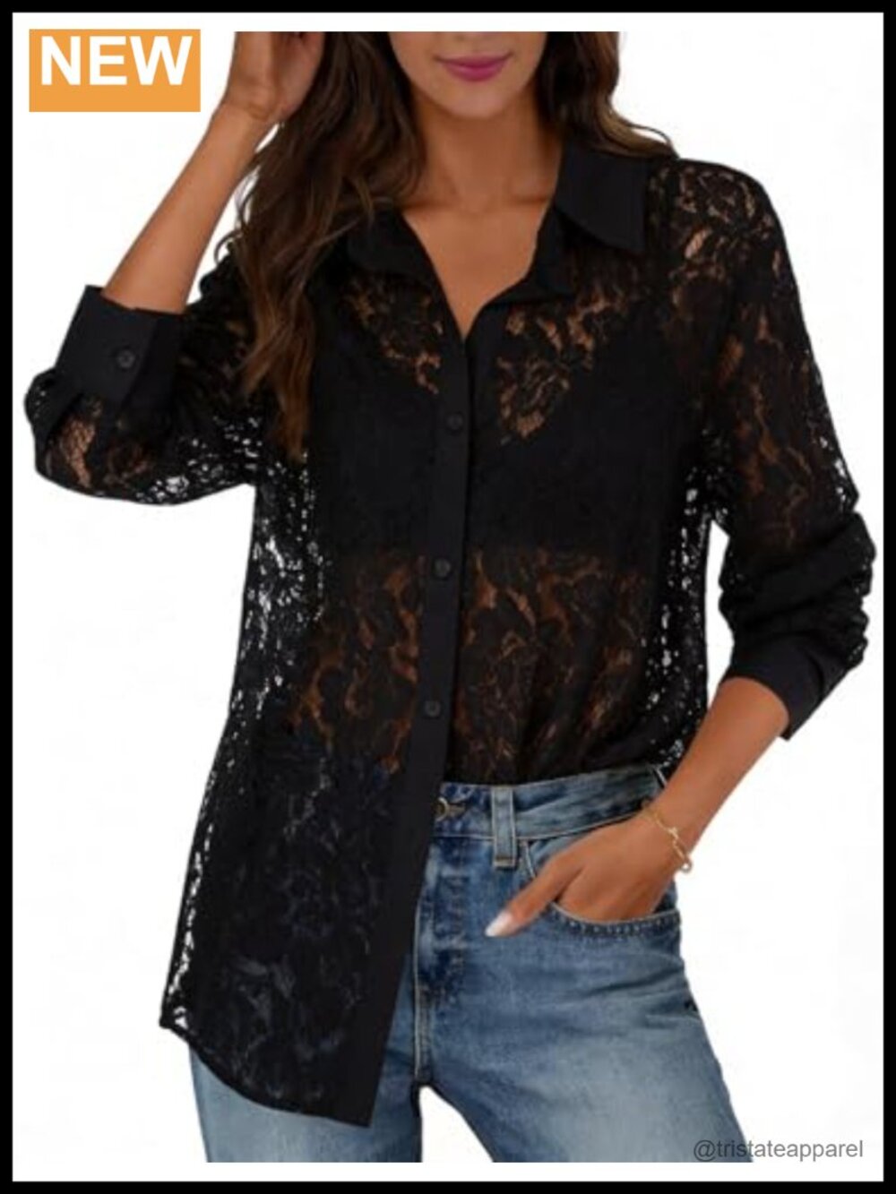 Women's Lace Long Sleeve Button Down Shirt Sheer Blouse Cotton Blend